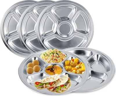Produktbild von Edelstahl unterteilte Essplatten - dick flacher Teller - Portionskontrolle - für Kinder und Erwachsene - Set von 5.