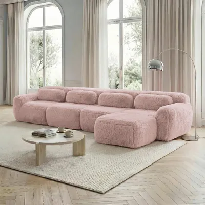Produktbild von 4-Sitzer Ecksofa L-Form, modular kombinierbar, werkzeuglos aufgebaut, Premium-Plüsch, inklusive Kissen, Chaiselongue, hochelastischer Schaumstoff