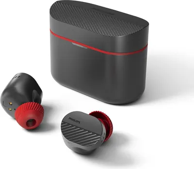 A set of black and red true wireless headphones with their charging case, displayed on a white background.