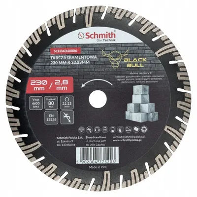 Immagine prodotto di Disco diamantato da taglio Schmith 230mm Black Bull. Disco da taglio Schmith da 230 mm, ideale per smerigliatrici angolari. Lama da sega professionale