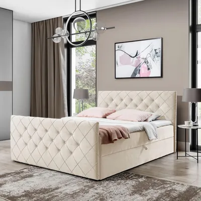 Produktbild von Boxspringbett MONAKO-120x200cm Bettkästen|Topper|Doppelbett|Polsterbett|Gepolstertes Kopfteil und Fussteil mit einer eleganten Steppung verziert-Cream