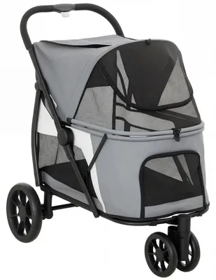 Produktbild von Hundewagen Faltbar Hundebuggy mit waschbarem Kissen, Netzfenstern, 3 Räder, für mittelgroße Hunde bis 20 kg, Grau
