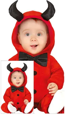 A baby wearing a red devil costume with black horns and a black bowtie.