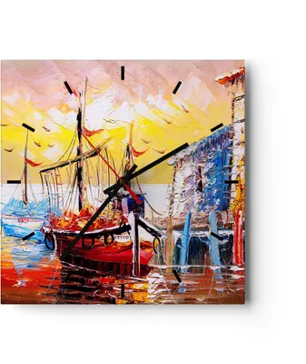 Produktbild von Wanduhr - Quadrat - Glasuhr - Boot Segel Meer - 40x40cm - Schleichendes Uhrwerk - Lautlos - zum Aufhängen bereit - Dekoration Modern - Wanddekoration aus Glas - C3AC40x40-3435