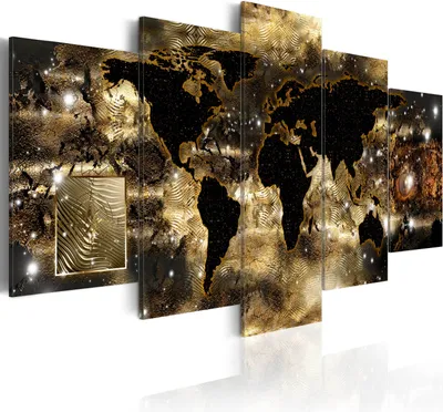 Image de Toiles 200 x 100 cm k-A-0008-b-n Toile intissé 5 pièces Impression artistique moderne Tableaux muraux XXL Décoration murale Design Tableau mural CARTE DU MONDE MONDE noir or argent