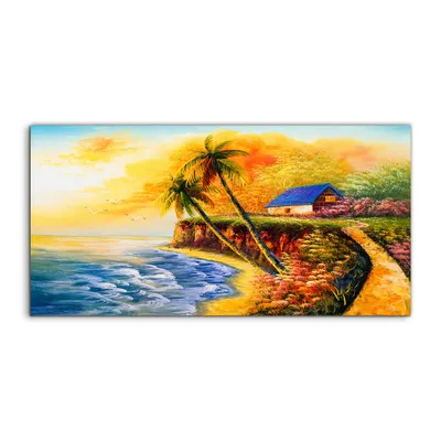 Produktbild von Coloray Spritzschutz aus Glas 100x50  Wandkunst Küchenrückwand Meeresküste Haus Sonnenuntergang