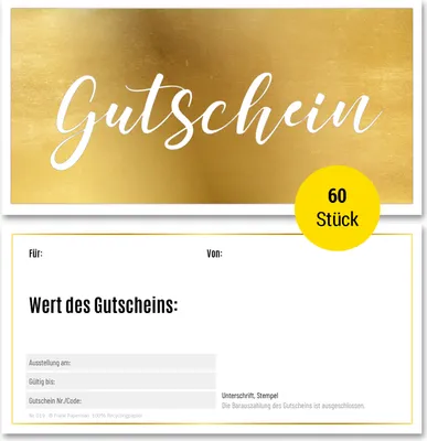 Produktbild von Frank Paperman | 60x Geschenk Gutschein blanko für Kunden mit funkelnder Goldprägung | Gutscheine zum selber Ausfüllen | Gutschein Vordruck DIN lang