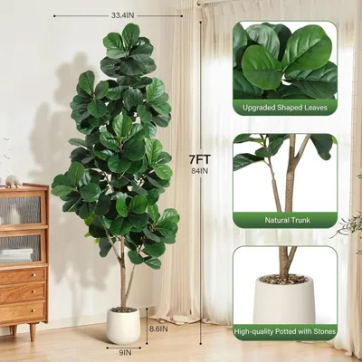 Image de Ficus lyrata artificiel - Plante artificielle de 210 cm - Feuilles très réalistes - Plante d'intérieur - Pot de décoration - Vert
