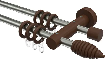 Produktbild von Interdeco Gardinenstange / Vorhangstange Edelstahl-Optik / Nussbaum lackiert, Typ Adrian Asta (Rillenform), 16 mm Ø 2-läufig, 200 cm
