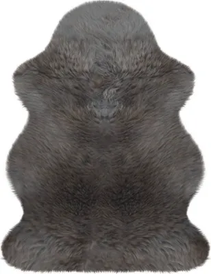 A single, grey sheepskin rug is shown against a white background.