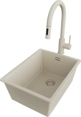 Produktbild von PRIMAGRAN Unterbauspüle Granit Beige 36x47cm, Spülbecken 1 Becken + Küchenarmatur 40x20cm + Ablauf-Set, Granitspüle ab 40er Unterschrank - London