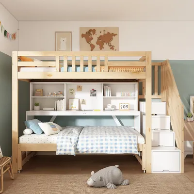 Produktbild von MODFU Etagenbett Kinderbett 90x200&90x190 cm, Multifunktionales Hochbett mit ausziehbarem Bett auf Rollen,Holzbett Bettgestell,Eiche(ohne Matratze)