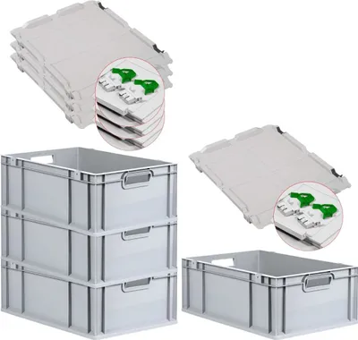 Produktbild von SuperSparSet 4x Eurobox NextGen Economy mit Scharnierdeckel und grünen Schiebeschnappverschlüssen | Griffe offen | HxBxT 22x40x60cm | 44 Liter | Eurobehälter, Transportbox, Transportbehälter, Stapelbehälter