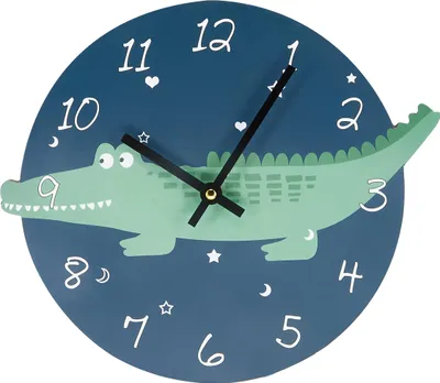 A cartoon-style wall clock featuring a green alligator on a dark blue background with numbers and decorative elements.