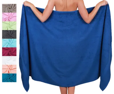 A person is holding a large blue towel behind them, with a collage of other towel colors on the left.