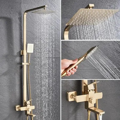 Produktbild von Bad Duschsystem - Wandmontierte Wannenarmatur - Regendusche 20 cm - Handbrause und Wannenauslauf - Einhebelmischer für Warm/Kalt - Gebürstetes Gold