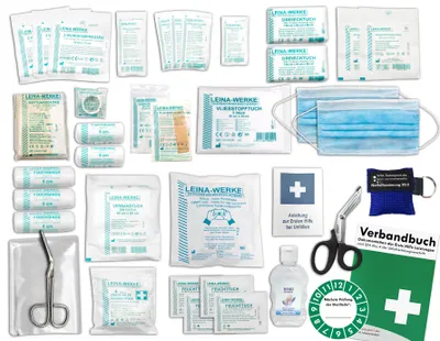 Produktbild von Komplett-Set Erste-Hilfe nach aktueller DIN/EN 13 157 PLUS 2 für Betriebe mit Hygiene-Gel, Notfallbeatmungshilfe & Verbandbuch