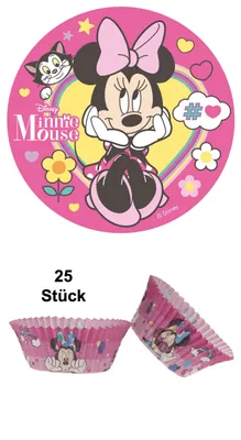 Zdjęcie produktu dla zestaw 2 jadalnych nakładek na tort Myszka Minnie + 25 pudełek na babeczki, dekoracja tortu na dziecięce przyjęcia urodzinowe, wzór: Myszka Minnie nr 4
