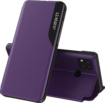A purple flip case for a smartphone is shown standing upright, with the phone inside and its back visible.