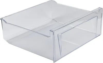 A clear plastic drawer, likely for a refrigerator or freezer.