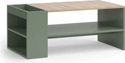 A modern coffee table with a green base and a wood-effect top, featuring built-in shelving.