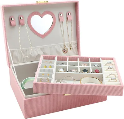 Imagen del producto de Caja de joyería para niñas, de doble capa, de terciopelo, con espejo, para guardar joyas