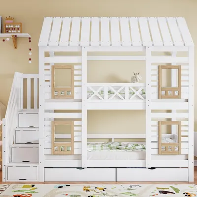 Immagine prodotto di Letto a castello per bambini Abrihome 90x200cm con spondina di sicurezza e 2 cassetti con rotelle, scala con contenitore, bianco