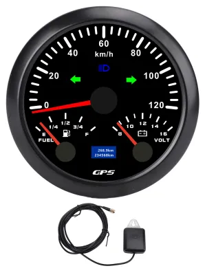 Zdjęcie produktu dla 85 mm (3-3/8 cala) prędkościomierz z licznikiem kilometrów i GPS, z woltomierzem, wskaźnikiem poziomu paliwa i kierunkowskazami, 3 w 1, do 120 km/h, do kamperów, jachtów i ciężarówek, 7 kolorów