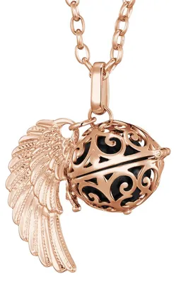 Produktbild von Morella Damen Halskette roségold Edelstahl 70 cm mit roségoldenem Anhänger Engelsflügel und Klangkugel schwarz Ø 16 mm in Schmuckbeutel