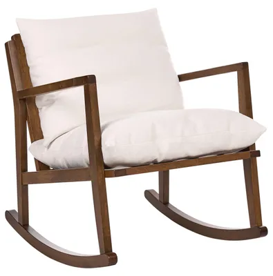 Produktbild von BELIANI Schaukelsessel Braun u. Hellbeige aus Gummibaumholz Massivholz Stoff Gepolstert Skandinavischer Stil Modern Schaukelstuhl Wohnzimmer