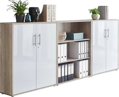 Produktbild von Aktenschrank TABOR 9 in Eiche Sonoma / weiß Hochglanz, Schrankwand, Büroschrank, abschließbar, Metallgriffe
