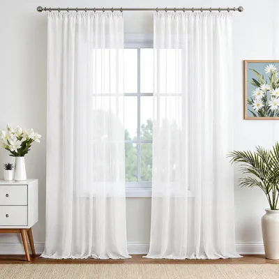 Image de Rideaux avec galon froncé - Lot de 2 voilages semi-transparents - Pour salon et chambre - H245 x L140 cm - Blanc