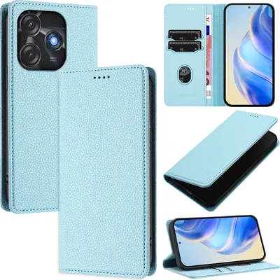 Produktbild von Litchi Leder Handyhülle für Tecno Spark 10C/Spark 10 4G Wallet Kartenfächer Standfunktion Hülle Hellblau
