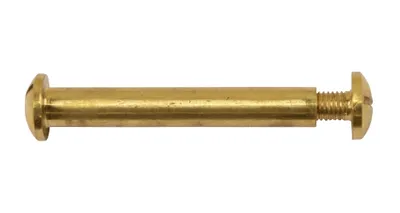 A brass screw with a cylindrical body and a slotted head on each end, isolated on a white background.