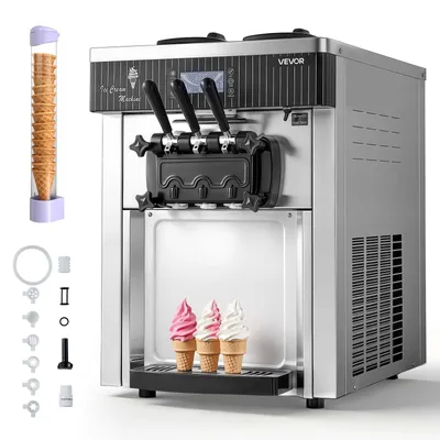 Produktbild von VEVOR Gewerbliche Eismaschine 20-28 L/h Leistung, Softeismaschine 2200 W lmit 2 x Behältern (6 L), Vorkühlung, Selbstreinigung und LED-Display, Tischgerät für Snackbars, Dessertläden und Cafés, Silber
