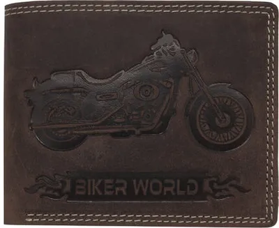 Produktbild von Stilvolles Büffelleder Portemonnaie Geldbörse mit RFID-Schutz und geprägtem Motorrad-Motiv in Dunkel Braun Echtleder