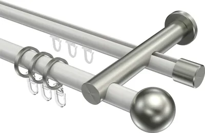 Produktbild von Interdeco Rundrohr-Innenlaufstange / Gardinenstange (Kombination) Weiß / Edelstahl-Optik, Typ Platon Luino (Kugel), 20 mm Ø 2-läufig, 280 cm