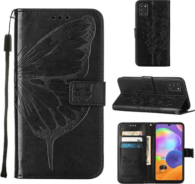 Produktbild von Galaxy A31 Hülle, Schmetterling Prägung Flip Leder Kartenfächer Schutzhülle Ledertasche mit Ständer für Samsung Galaxy A31 Schwarz
