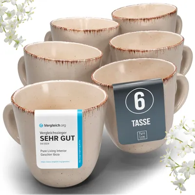 Produktbild von Steingut Kaffeetassen 6 Pers. Rustic Hochwertiges Landhausstil Tassen Set, Spülmaschinen-, Mikrowellen- und Kratzfest - Stylische Tee & Kaffeebecher