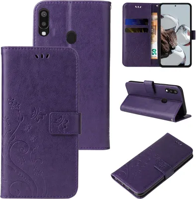 A collage of images showing a purple floral butterfly flip phone case for a Samsung Galaxy A20e.