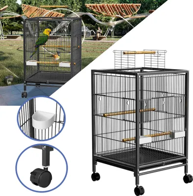 Obrázek produktu pro XINZI Kovová ptačí voliéra 46x46x91cm - Pojízdná klec pro papoušky s bidýlky/krmítky, odklápěcí střechou a snadným čištěním