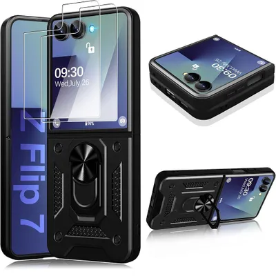 Image de Coque + 2 Verres Trempés pour Samsung Galaxy Z Flip 7, Protection Antichoc Anti-Rayures avec Anneau - Noir