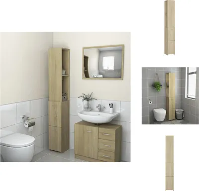 A collage of images showing a tall, narrow bathroom cabinet in a light wood finish, displayed in different bathroom settings and as a standalone product.