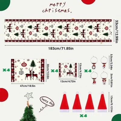Produktbild von Tischläufer für Weihnachten (17-in-1) und vier Platzsets, Glasmarkierer, festlich, Tischdecke, Tischdekoration, Weihnachtsdekoration für Weihnachten, Partydekoration
