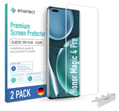 A product shot of a 2-pack of screen protectors for a Honor Magic 4 Pro phone, with the packaging on the left and the product on the right.