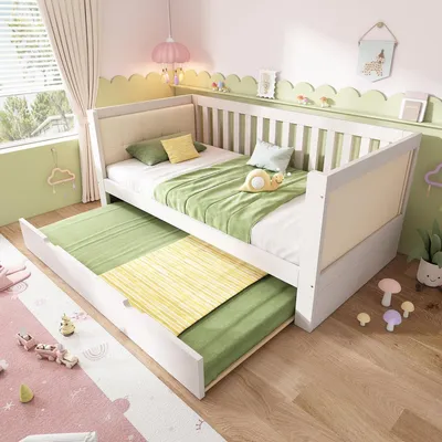 Produktbild von Tagesbett 90x200 cm mit Ausziehbett 90x190, Platzsparendes Design, Holz, Weiß, Ideal für kleine Apartments oder Gästezimmer, Lattenrost