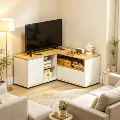 Produktbild von Lowboard / TV‑Schrank / TV‑Lowboard mit offenen Fächern, L‑förmiger