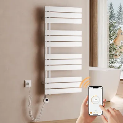 Immagine prodotto di S'AFIELINA Radiatore elettrico per asciugamani 1041×500 mm, Radiatore elettrico per bagno con termostato, WiFi, timer programmabile, display LCD, 600 W, Bianco