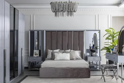 Produktbild von Graues Doppelbett Nachttische Luxus Schlafzimmermöbel Komfortables