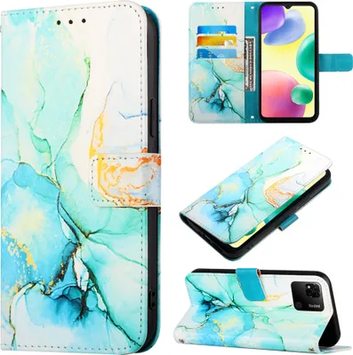 Produktbild von Redmi 10A Hülle, Marmor Motiv Kunstleder Tasche Wallet Kartenfächer mit Standfunktion Klapp Schutzhülle für Xiaomi Redmi 10A Grün